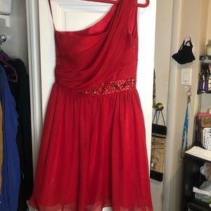 A-line Mini red party dress with draped blouse
